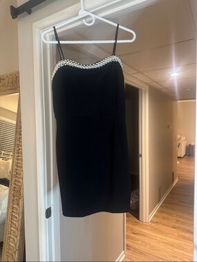B Darlin Black Mini Dress with Pearl Trim